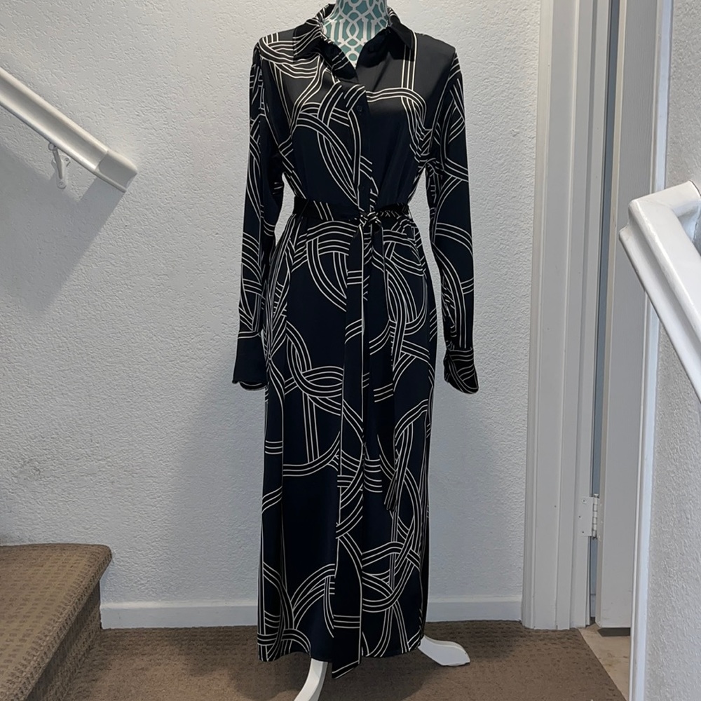 H&M Women’s Size Medium Long Satin Sheath Dress With Belt Black and White - Picture 1 of 14